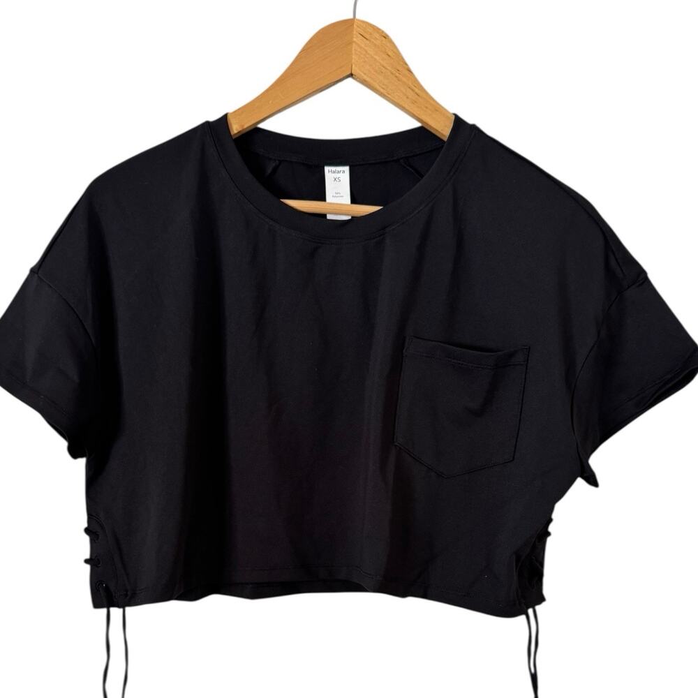 NWT Halara Black Short Sleeve Pocket Tee Crop Top Lace Up Sides Size XS